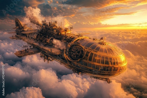 Steampunk airship soaring through golden sunset clouds. Generative AI