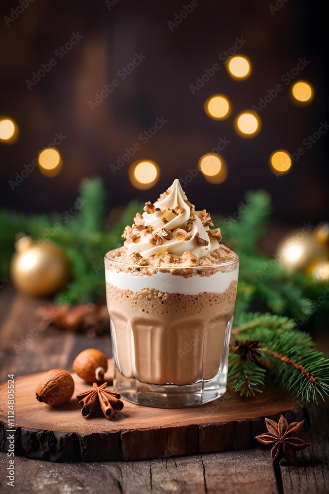 Christmas mousse on the wooden table with copy space and Christmas decor. Christmas mousse on the wooden table with copy space and Christmas decor.