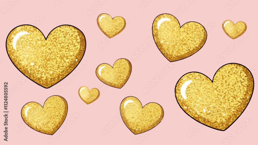 A sparkling background filled with golden glittery hearts on a soft pink or white background, creating an elegant and luxurious feel. A sparkling background filled with golden glittery hearts on a soft pink or white background, creating an elegant and luxurious feel.