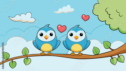 Two cartoon-style lovebirds perched on a delicate branch with hearts gently falling from the trees, set against a bright, cheerful sky.