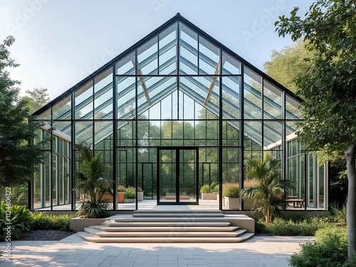 A glass house with green tree in the surrounding for hosting event and function  photo