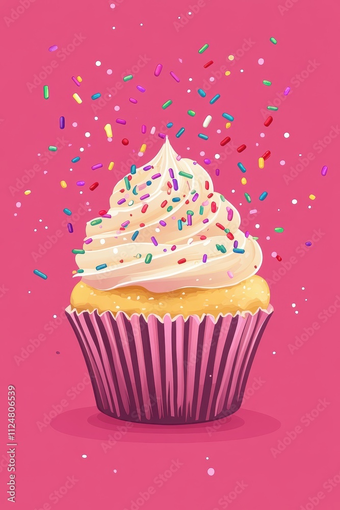 Festive cupcake, sprinkles flying, flat design illustration