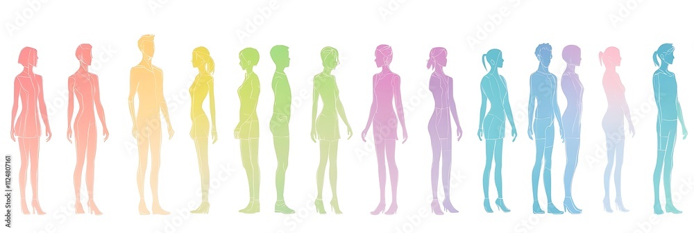 Vector banner of a diverse group of people, silhouettes in rainbow colors, womens day concept Vector banner of a diverse group of people, silhouettes in rainbow colors, womens day concept