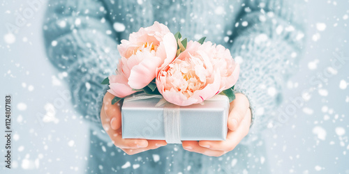 Fototapeta Naklejka Na Ścianę i Meble -  A faceless figure offers a silver gift tied with pink peonies in a snowy winter scene