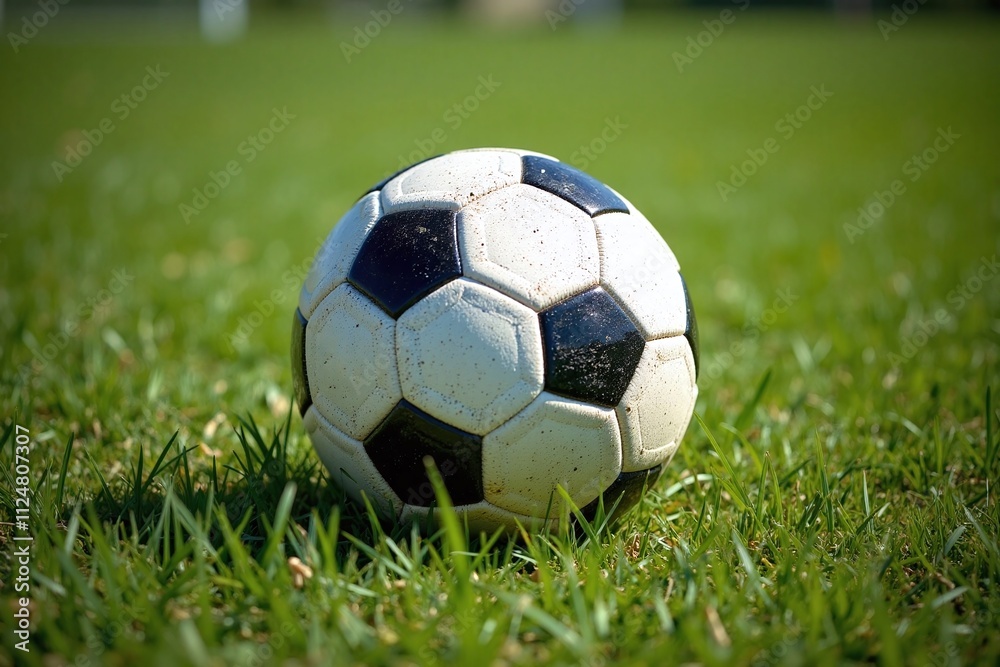 Fototapeta premium Soccer field ball grass sunny day black-white surface stitching