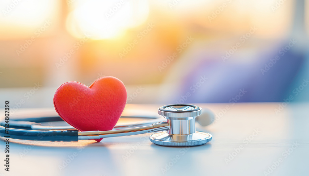 Close up of stethoscope and red heart symbolizing care and health Close up of stethoscope and red heart symbolizing care and health