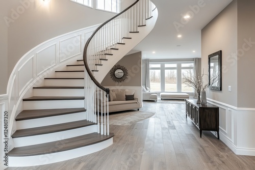 A large, open living room with a staircase leading to the second floor