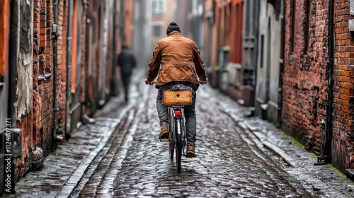 Wallpaper Mural A cyclist rides along a cobblestone alley, flanked by brick buildings, creating a serene urban scene. Torontodigital.ca