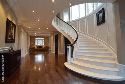 A large, open living room with a staircase leading to the second floor photo