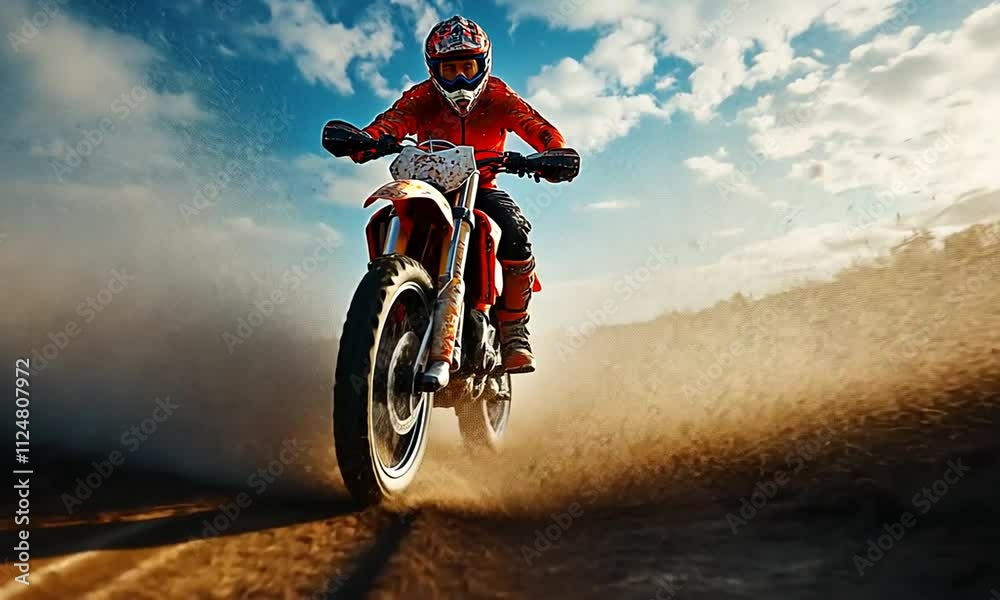 A motocross rider splashes through muddy terrain on a dirt bike. A motocross rider splashes through muddy terrain on a dirt bike.