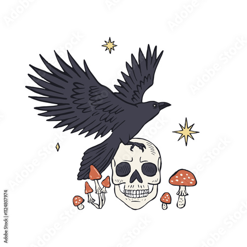 Hand drawn inky sketch style raven or crow sitting on human skull isolated on white background. Mystic black bird and head bone Halloween design