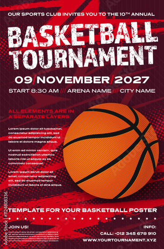 Basketball tournament poster template with ball and dynamic halftone grungy background