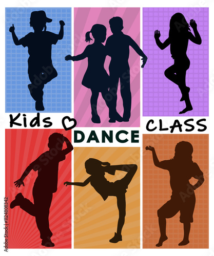 Children dancing silhouettes on bright colorful background. Vector illustration.	
