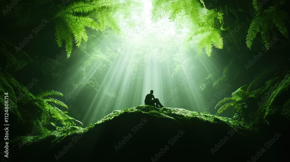 A serene figure sits in a lush forest, illuminated by beams of light filtering through vibrant green foliage. A serene figure sits in a lush forest, illuminated by beams of light filtering through vibrant green foliage.