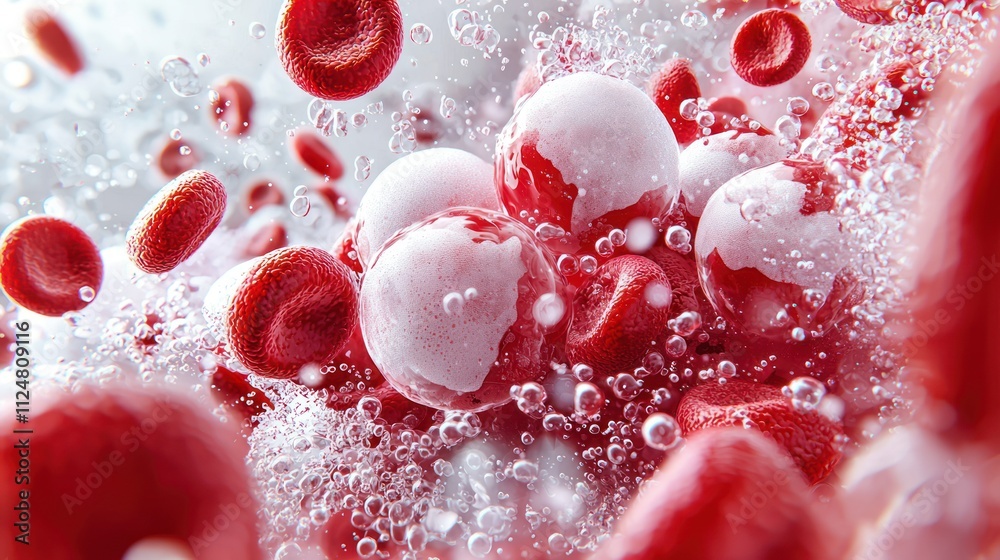 Fototapeta premium A vibrant close-up of red blood cells and bubbles, showcasing a dynamic interplay of color and texture in a fluid environment.