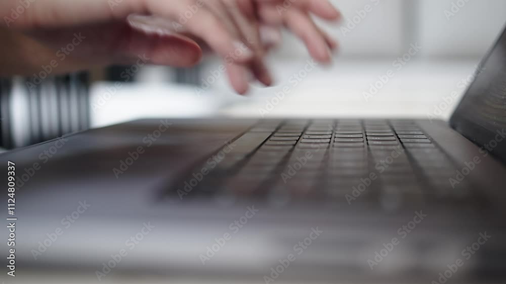 Unrecognizable woman working on a laptop close-up. Symbolizes technology, business and work in the digital world. The concept of modern work and progress. Unrecognizable woman working on a laptop close-up. Symbolizes technology, business and work in the digital world. The concept of modern work and progress.