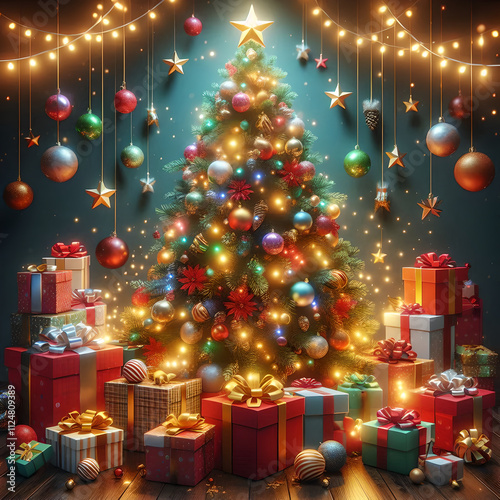 Festive Christmas Tree Surrounded by Gifts
