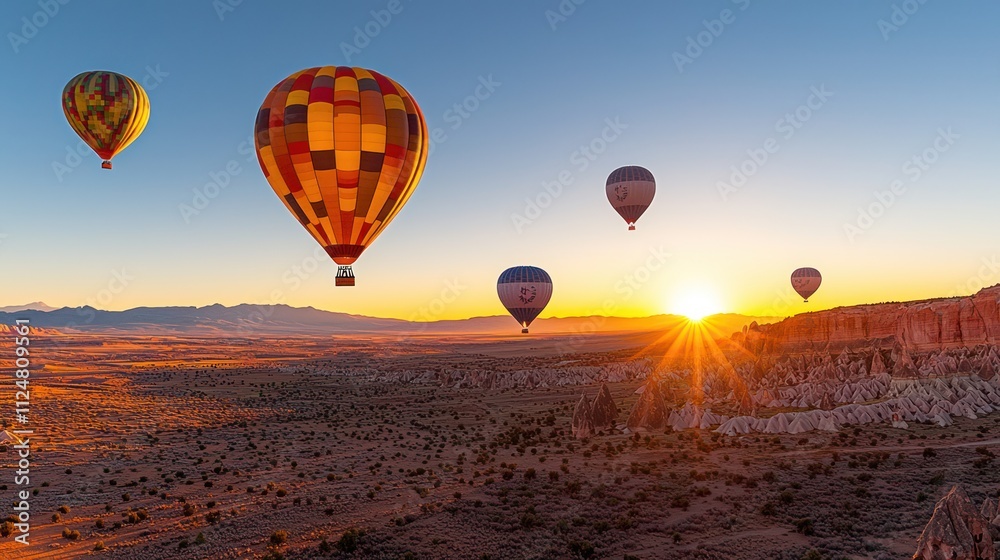Naklejka premium Colorful hot air balloons soar over a stunning desert landscape as the sun rises, creating a picturesque and serene scene.