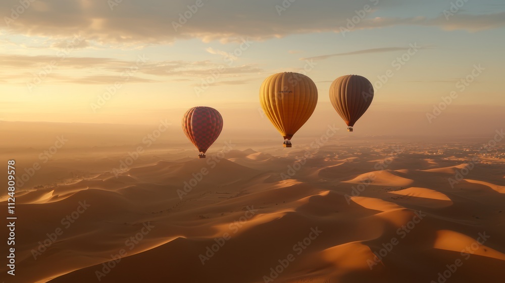 Obraz premium Three colorful hot air balloons float over a serene desert landscape at sunset, casting soft shadows on the sand dunes below.