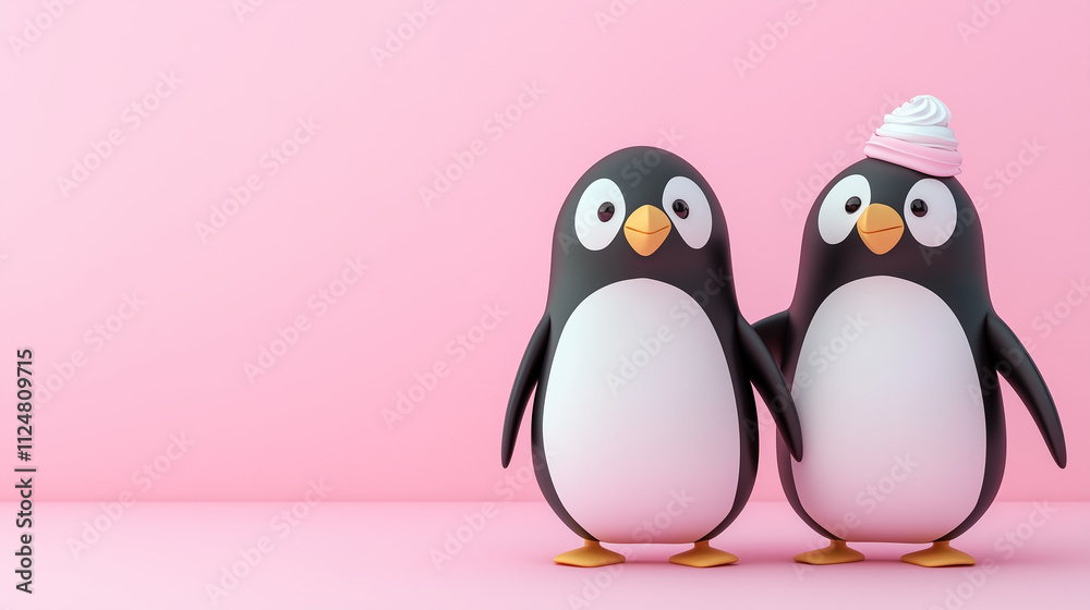 Fototapeta premium Happy Valentine's Day wallpaper - two cartoon penguins stand side by side against a pastel pink background.