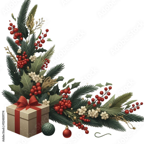 Elegant Christmas Border with Green Fir Branches, Holly, and Red Berries – PNG Transparent Background for Festive Designs