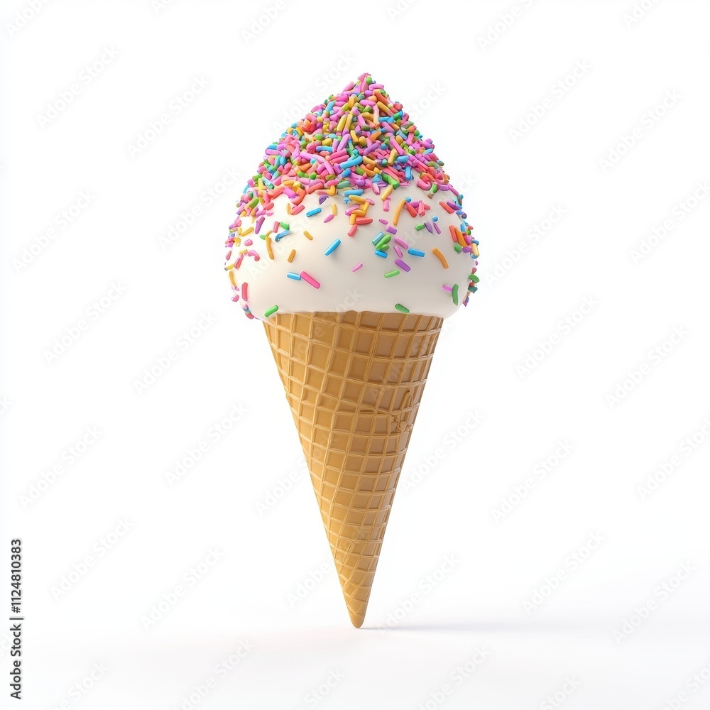 Delicious Ice Cream Cone with Colorful Sprinkles in a Crisp Wafer Cone Against White Background Delicious Ice Cream Cone with Colorful Sprinkles in a Crisp Wafer Cone Against White Background
