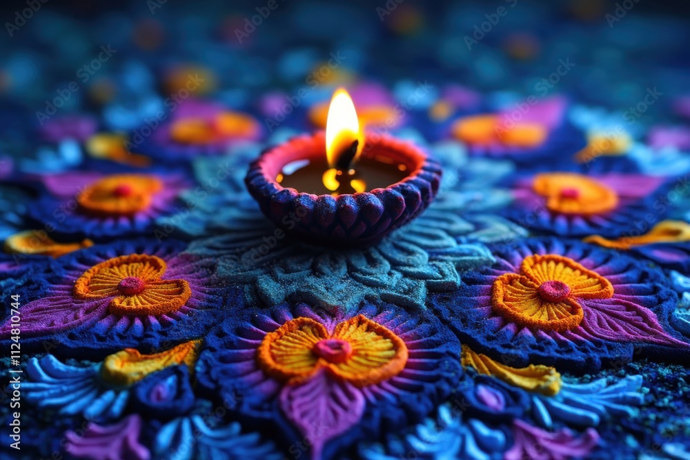 A decorative oil lamp surrounded by vibrant floral patterns, symbolizing celebration and light. A decorative oil lamp surrounded by vibrant floral patterns, symbolizing celebration and light.