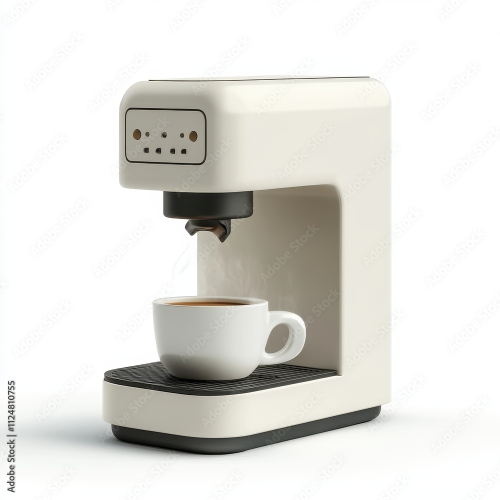 Modern Coffee Machine with White Finish and Freshly Brewed Coffee in Classic Cup Modern Coffee Machine with White Finish and Freshly Brewed Coffee in Classic Cup
