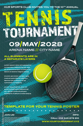 Tennis tournament poster template with ball, racket and dynamic halftone grungy background