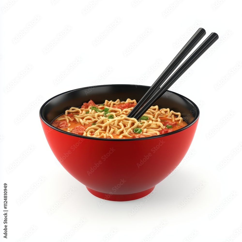 Delicious Red Bowl of Ramen Noodles with Spicy Broth and Chopsticks on a White Background