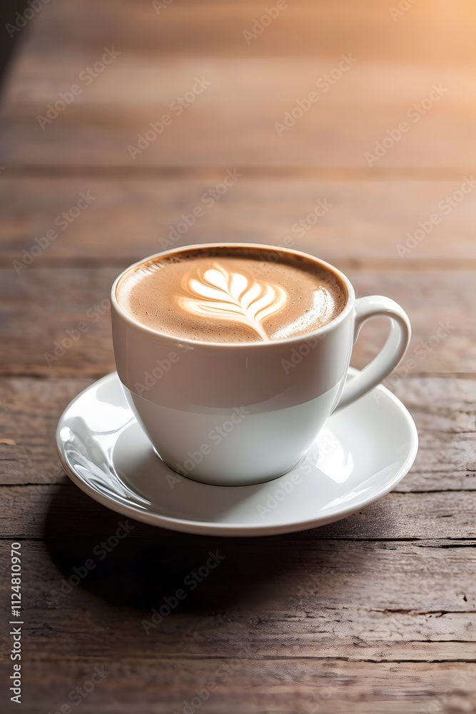 Close-up of a coffee cup on a table with copy space and warm sunlight. Close-up of a coffee cup on a table with copy space and warm sunlight.