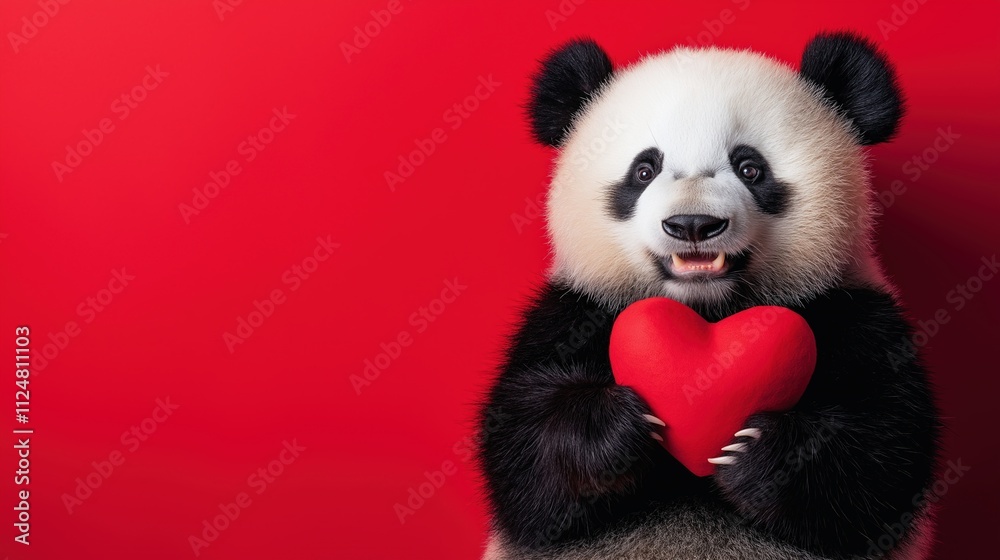 Cute Panda Holding Red Heart Smiling Joyfully Cute Panda Holding Red Heart Smiling Joyfully