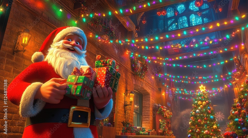Jolly Santa Claus holding gifts in a festive Christmas village street at night. Jolly Santa Claus holding gifts in a festive Christmas village street at night.