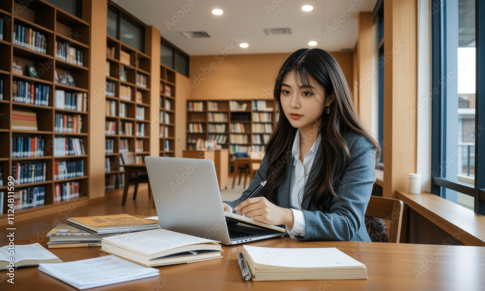 focused Asian university student studies in library, using laptop surrounded by books and notes. serene environment enhances her concentration and learning experience focused Asian university student studies in library, using laptop surrounded by books and notes. serene environment enhances her concentration and learning experience