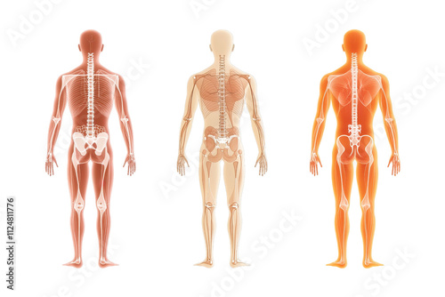 Three human figures displaying different anatomical structures and systems, highlighting skeletal and muscular features in varying color schemes.