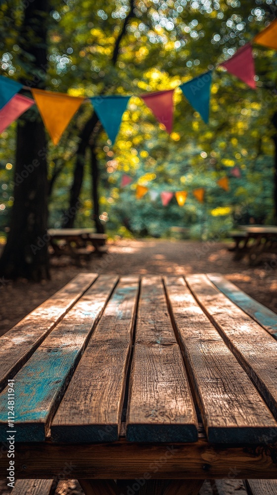 Wooden Table with Colorful Festival Flags in a Sunlit Park Wooden Table with Colorful Festival Flags in a Sunlit Park