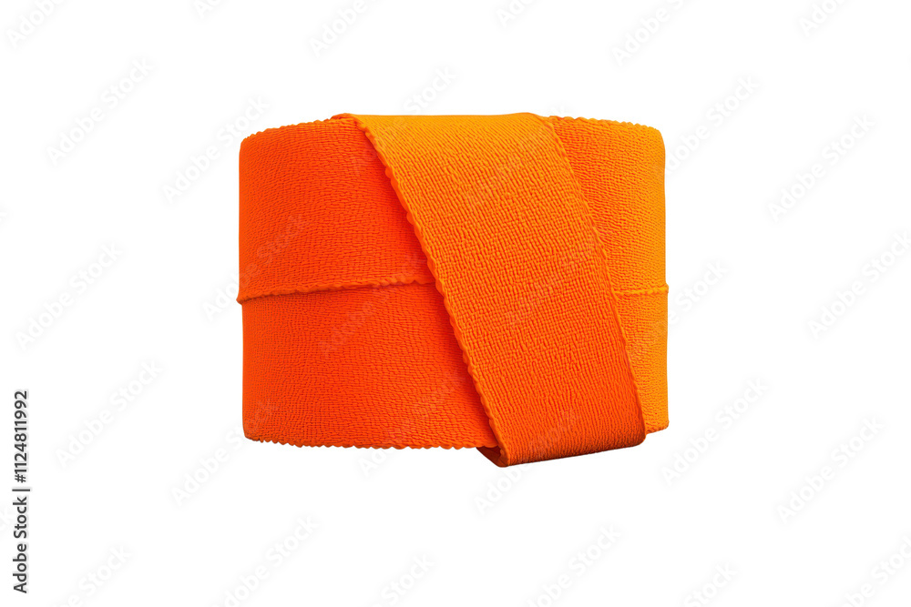 Fototapeta premium A vibrant orange fabric roll with a diagonal wrap, showcasing its texture and color.