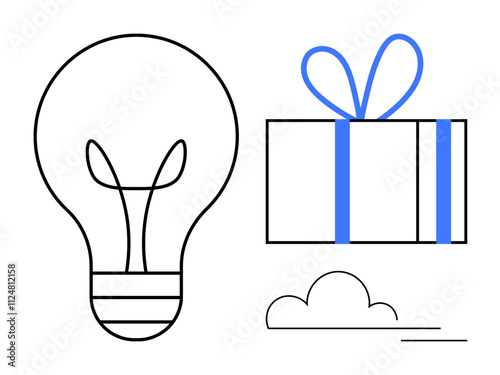 Simple line art of a light bulb, a gift box with a blue ribbon, and a small cloud. Ideal for innovation, creativity, gift-giving, brainstorming, minimalism simplicity and cloud computing. Line