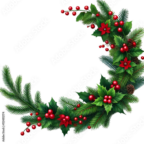 Elegant Christmas Border with Green Fir Branches, Holly, and Red Berries – PNG Transparent Background for Festive Designs