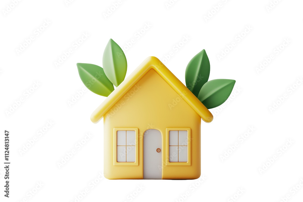 A cheerful yellow house icon with green leaves, symbolizing home, nature, and sustainability. A cheerful yellow house icon with green leaves, symbolizing home, nature, and sustainability.