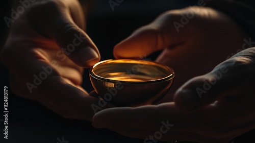 Hands holding glowing golden bowl in dim light.