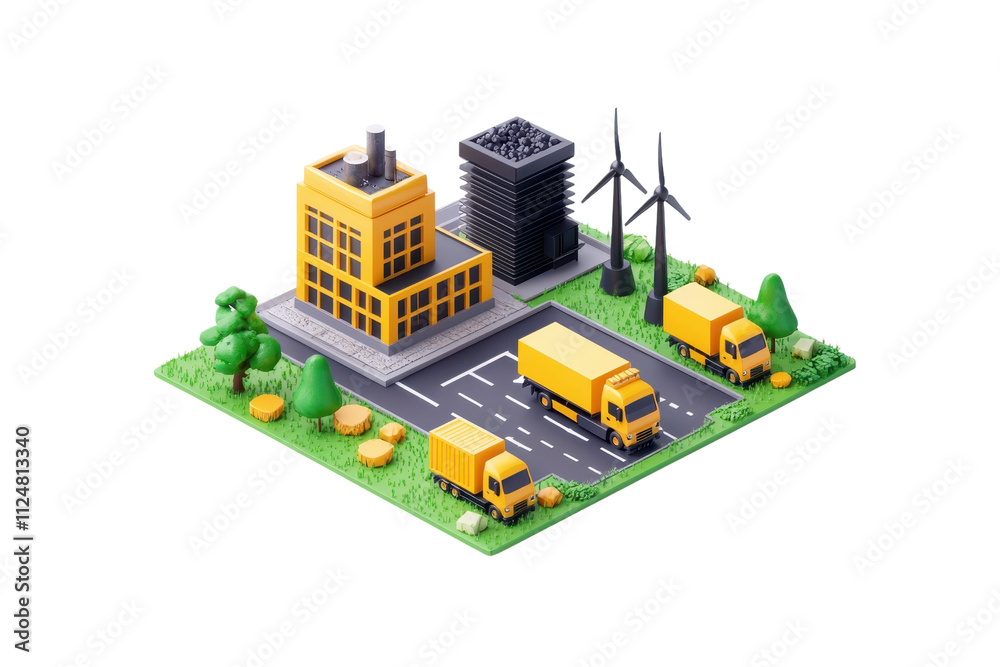 A detailed model of a cityscape featuring commercial buildings, delivery trucks, and wind turbines, showcasing urban infrastructure and transportation. A detailed model of a cityscape featuring commercial buildings, delivery trucks, and wind turbines, showcasing urban infrastructure and transportation.