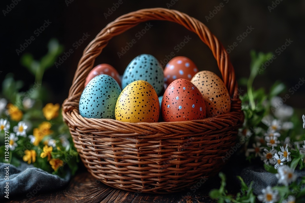 A woven basket filled with colorful, speckled Easter eggs surrounded by flowers. A woven basket filled with colorful, speckled Easter eggs surrounded by flowers.