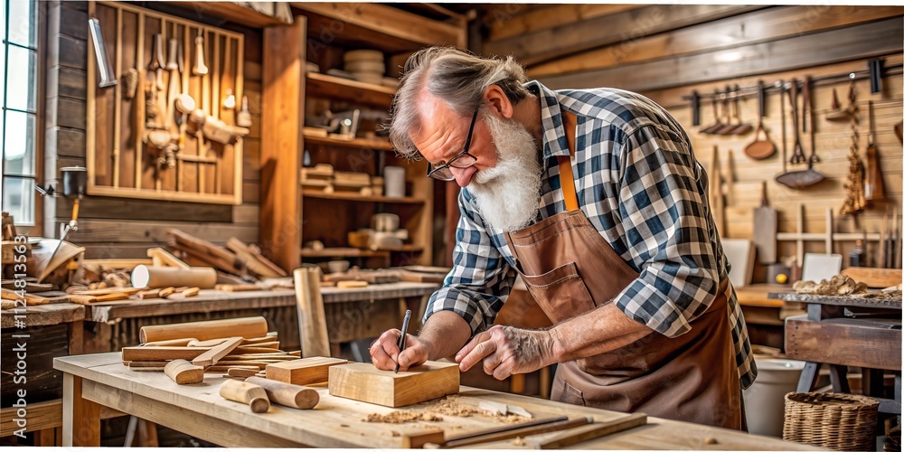 Experienced carpenter working diligently in a well-equipped workshop during daylight hours Experienced carpenter working diligently in a well-equipped workshop during daylight hours