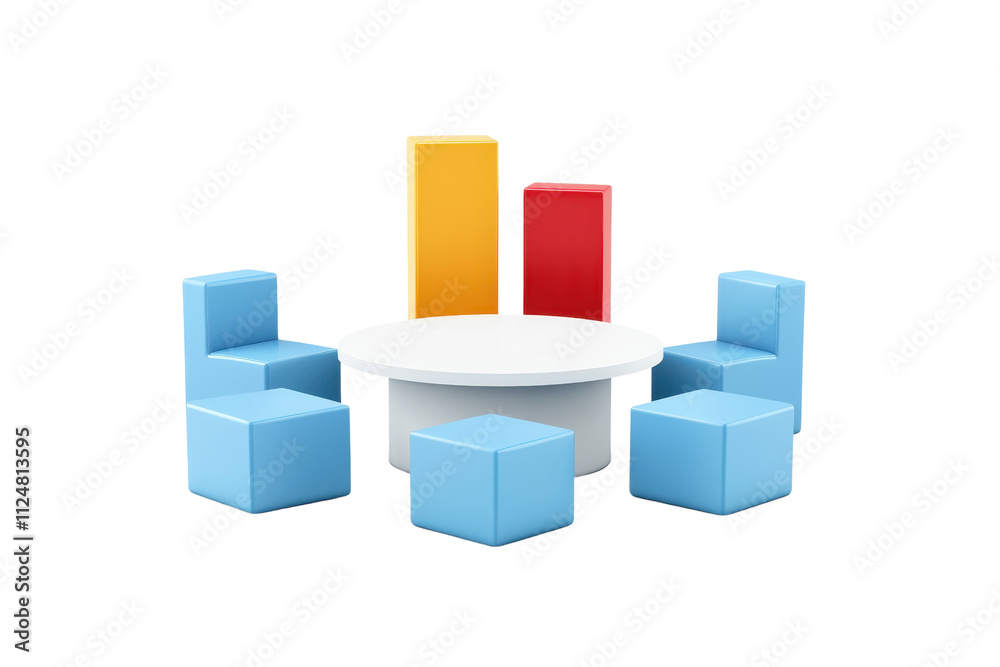 A modern round table surrounded by colorful cube chairs, designed for collaborative and playful environments. A modern round table surrounded by colorful cube chairs, designed for collaborative and playful environments.