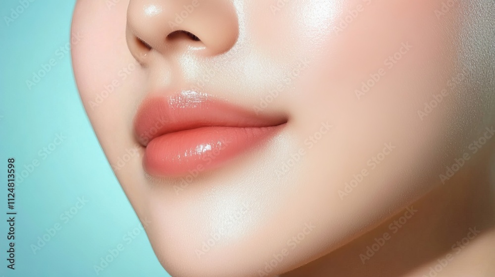 Glowing skin with soft, natural lips on a fresh background. Anti-aging and injection concept. Glowing skin with soft, natural lips on a fresh background. Anti-aging and injection concept.