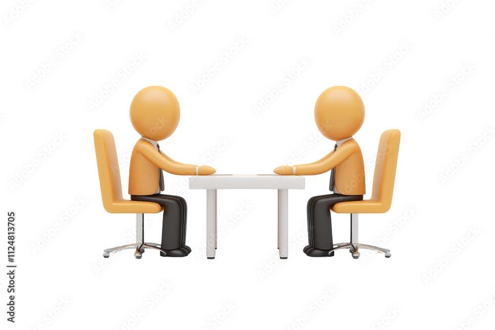 Two stylized figures seated across from each other at a small table, engaging in a conversation. Two stylized figures seated across from each other at a small table, engaging in a conversation.