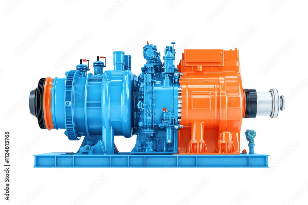 A vibrant, detailed industrial pump showcasing blue and orange components, designed for high-performance fluid dynamics.