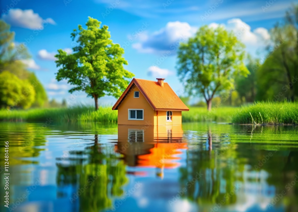 Fototapeta premium Candid Capture of a Miniature Orange House Partially Submerged in Water, Symbolizing Flood Preparedness and the Importance of Risk Management in Urban Settings