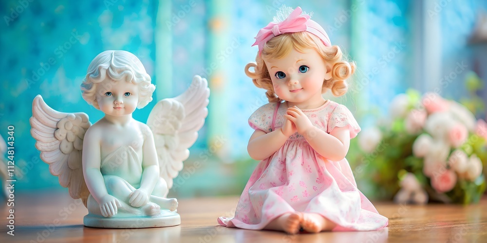 Fototapeta premium Charming doll in pink dress sits next to a delicate angel figurine in a serene indoor setting